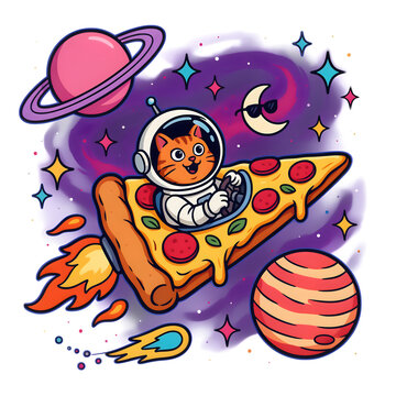 Adorable astronaut cat floating through space on a pizza-shaped rocket, surrounded by planets and colorful cosmic elements, humorous modern t-shirt graphic