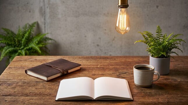 Wooden office desk with notebook and coffee