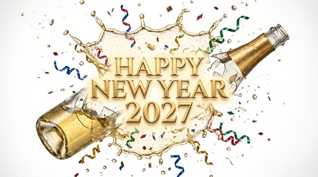 Champagne bottle exploding with golden liquid splash and colorful confetti streamers on a plain white background, with happy new, year 2027 text