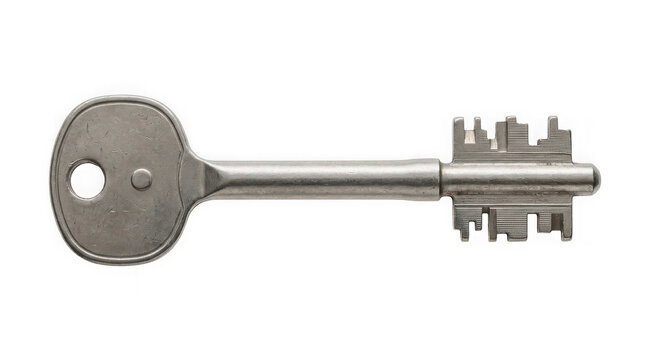 Oldfashioned metal key with intricate bow and teeth on transparent background