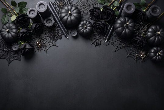 Gothic halloween flatlay featuring black roses candles pumpkins and webs on dark surfaces.