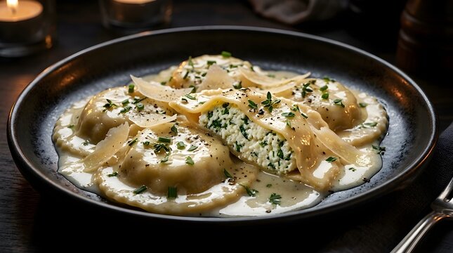 Gourmet Ravioli with Creamy Sauce and Parmesan in Luxury Italian Style