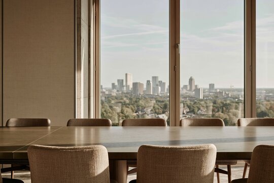 Large olive green conference table in an empty high-rise boardroom with polished reflections and city views, for corporate real estate and executive office design