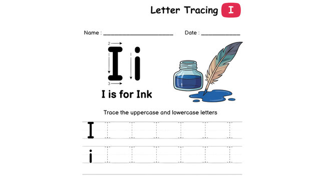 Ink and quill letter tracing worksheet for kids learning uppercase and lowercase i.