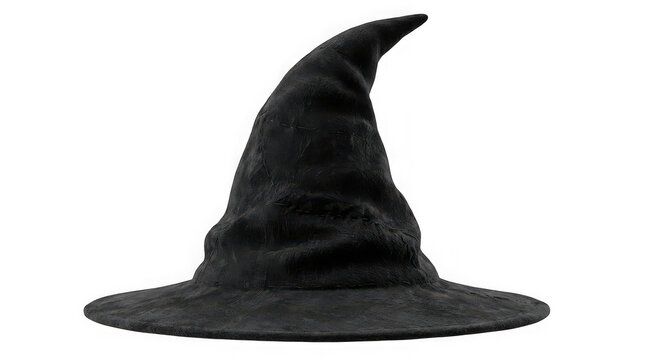 Black magic witch hat with pointed top and wide brim isolated on transparent background