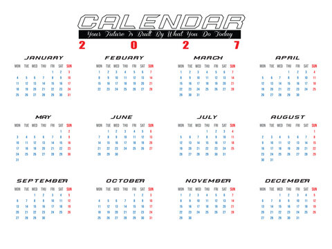 2027 Annual Calendar Template with Inspirational Message and Elegant Red and Blue Weekend Accents