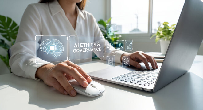 Professional using laptop with virtual AI ethics and governance dashboard hologram, Corporate legal tech and artificial intelligence compliance concept with digital brain UI.