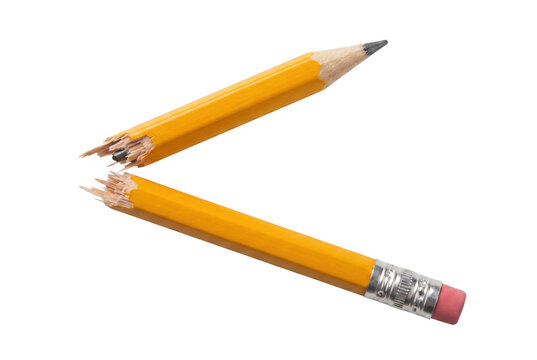Yellow pencil snapped in half showing splintered wood and lead