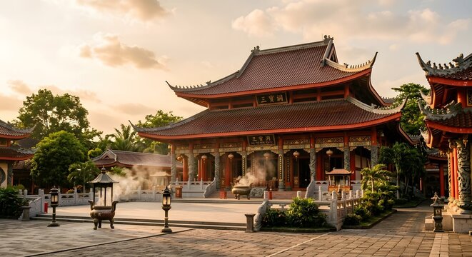 Semarang's Sam Poo Kong temple, Central Java, Indonesia, red and gold Chinese-Javanese fusion architecture