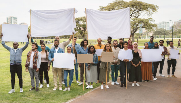 Group of diverse people protesting outdoors with blank signs and banners.