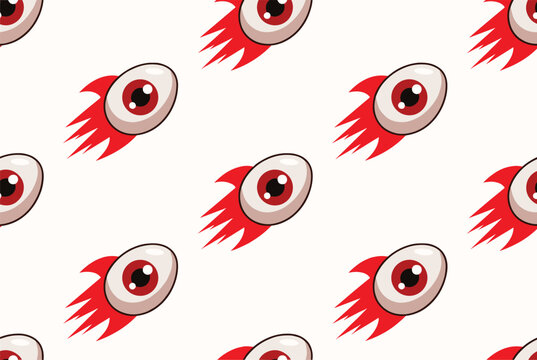 Bizarre seamless pattern featuring flying eyeballs trailing bright red flames across a clean white background for horror designs.