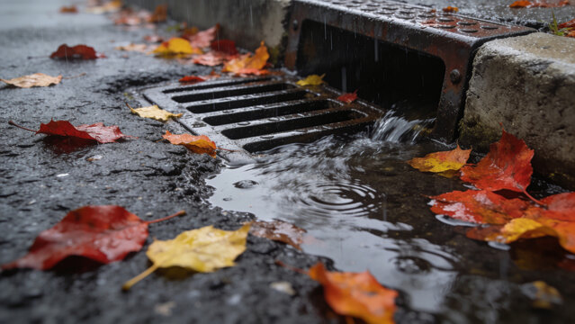 Rainwater flowing into a storm drain on an asphalt street surrounded by colorful autumn leaves