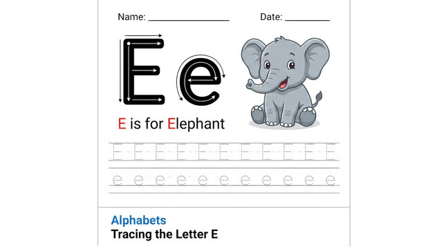 Letter E tracing worksheet for kids with friendly elephant illustration for learning alphabet.