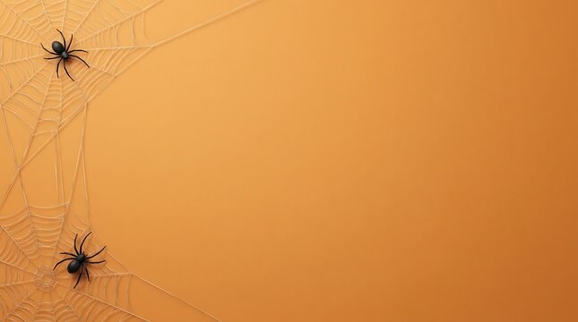 Three black spiders crawling on a white web against a solid orange background with copy space