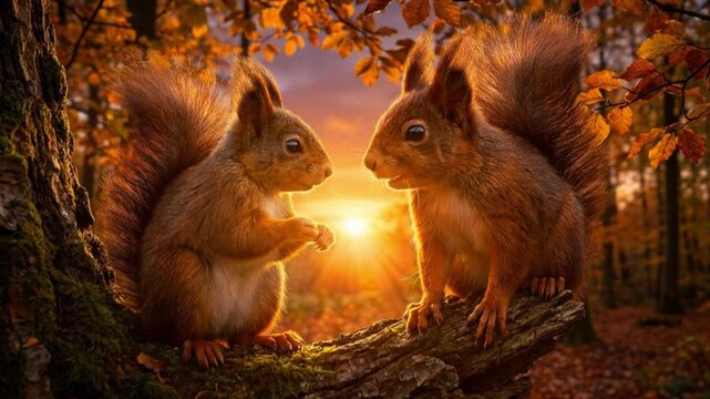 Red squirrel perched on mossy branch in autumn forest at sunset
