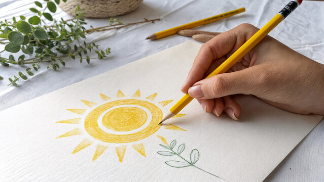 A hand draws a little sun.
