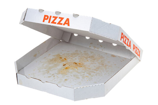 Empty Open White Pizza Box with Grease Stains and Orange Text