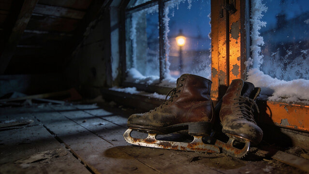 Old brown leather figure ice skates with rusty blades resting on a dusty wooden floor by a frosty attic window at night. Nostalgic winter sports concept.