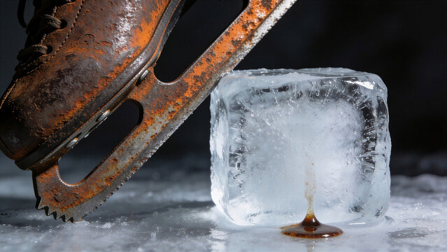 Detailed macro shot of a heavily rusted figure ice skate blade beside a large melting ice cube with rust liquid dripping. Ice skates blade rust concept.