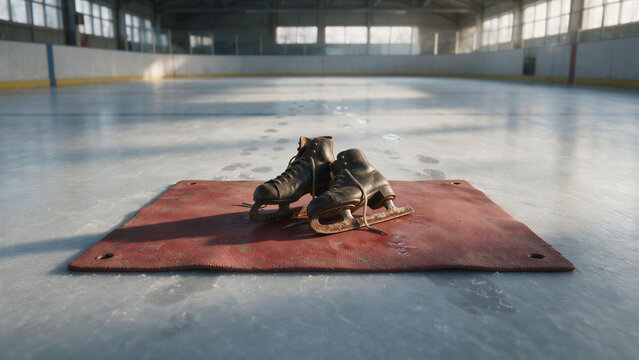 Pair of old black leather figure skates with rusty blades resting on a red rubber mat in an empty indoor ice rink arena. Ice skates blade rust concept.