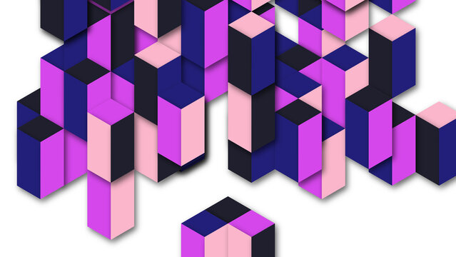 Modern artistic background with colorful purple and pink isometric cubes arranged in a dynamic pattern