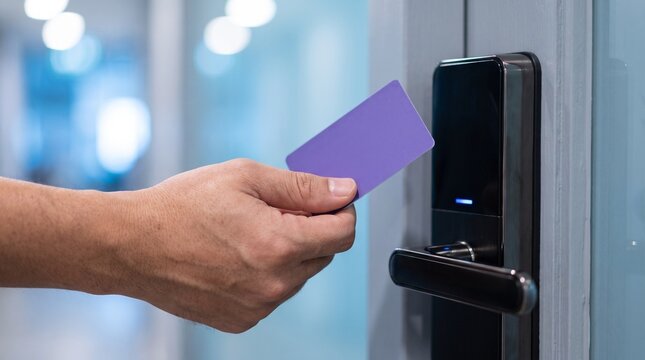 Close up of a person using a contactless key card for electronic security door access control