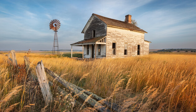 Old house in a golden field with a windmill in the background.