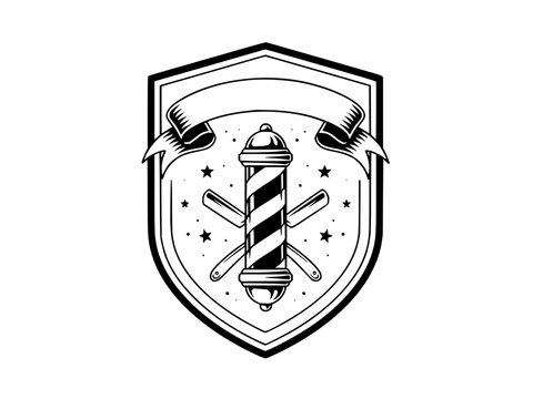 Vintage Style Barbering Shield Badge with Barber Pole and Razor Tools Vector