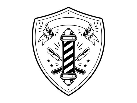 Barber Shop Logo Emblem with Barber Pole and Crossed Straight Razors on Shield