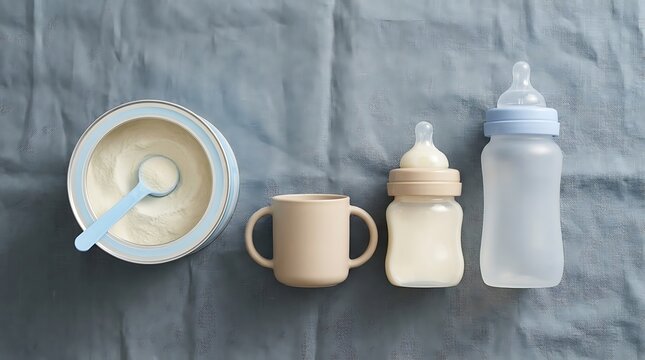 Baby powdered formula in light blue tin can with scoop spoon next to silicone training cup and baby bottles on blue textile background for infant feeding.