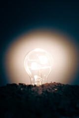 Glowing light bulb emerging from dark soil, symbolizing growing ideas, innovation, creativity, and new beginnings © Alberto