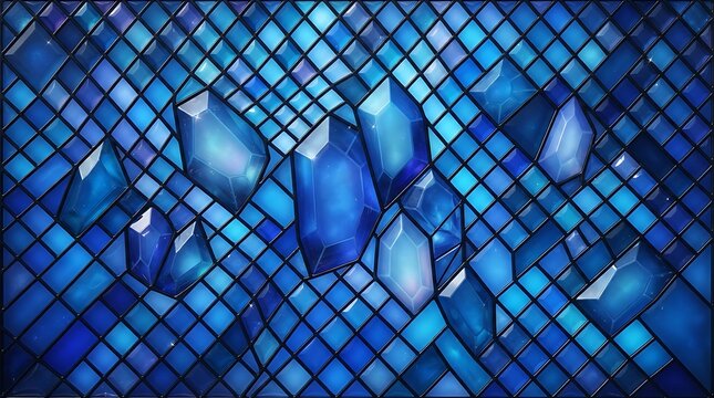 Stained glass window with a grid of small blue squares interspersed with larger faceted blue crystal shapes and dark metal lead line borders