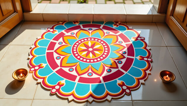 Colorful rangoli design at doorstep during Diwali, cultural celebration
