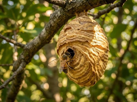 Wild honey bee landing on paper wasp nest hanging from tree branch in dense green forest during bright summer day for natural ecosystem concept illustration.