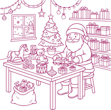 Christmas coloring page with Santa Claus making toys in workshop vector illustration