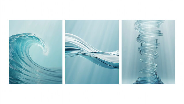 Three abstract compositions of water waves and spirals with light rays on blue background