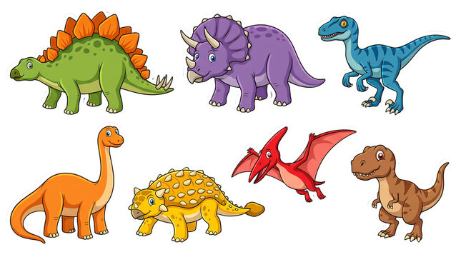 Set of colorful cartoon dinosaurs including stegosaurus, triceratops, raptor, brachiosaurus and tyrannosaurus.