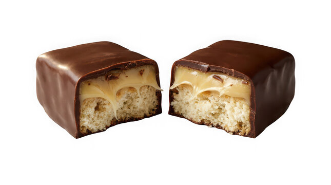 Two chocolatecovered creamfilled square pastries with visible filling inside isolated on transparent background