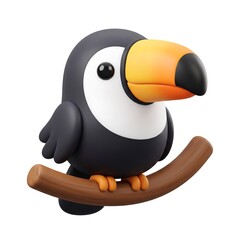 Fototapeta premium Cute cartoon toucan bird perched on a brown branch against a white background with 3D illustration