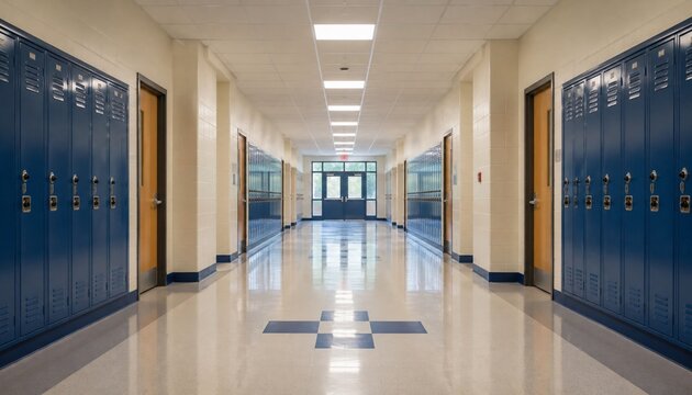 Empty school hallway with blue lockers and classroom doors