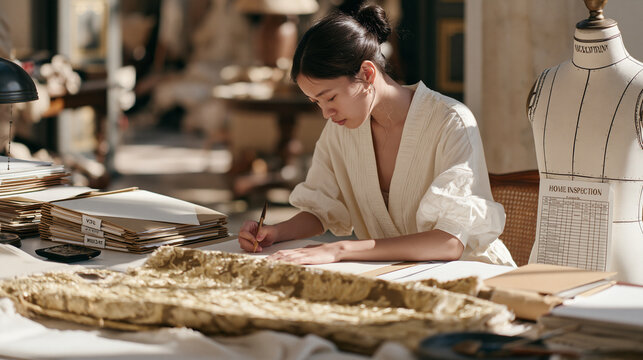 A costume designer working alone in harsh midday sun archives fabric pattern records in labeled folders, close up of a rich brocade texture catching light, a home inspection