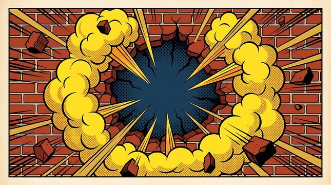 Dark hole in comic style brick wall after explosion, with flying bricks and yellow smoke, revealing dark background.