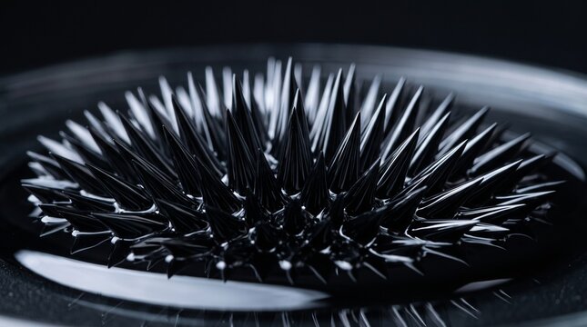 Macro photo of glossy black ferrofluid forming dynamic magnetic spikes under magnetic field