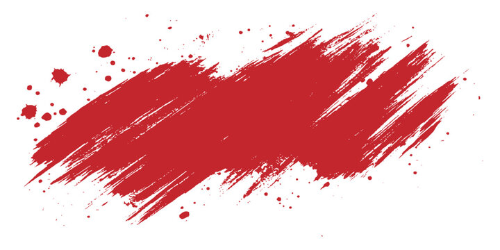 Abstract red grunge paint brush stroke with ink splatters and drops background vector illustration.