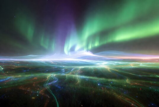 Futuristic fintech environment as the primary subject, an expansive field illuminated by waves of ow