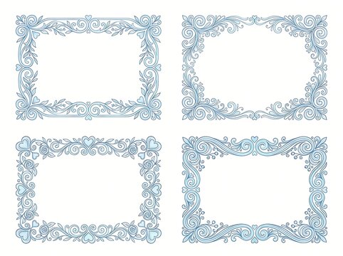 Set of four decorative rectangular frames with floral and heart elements, elegant blue ornamental borders for wedding invitations or greeting cards, isolated on white background