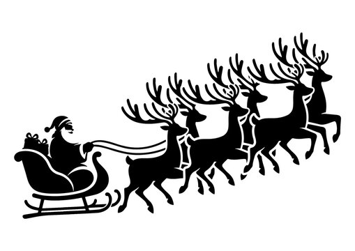 Black silhouette of santa claus flying with his reindeer sleigh for christmas holiday celebration