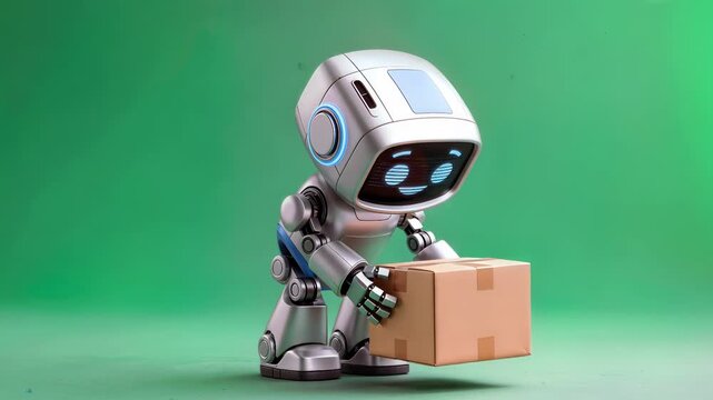 Small delivery robot placing cardboard box on floor. Automated courier service concept on green background. Panning shot transitioning to static view.