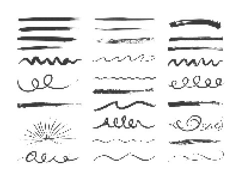 Set of halftone brush strokes, lines, and decorative swirls, handdrawn textures for design projects