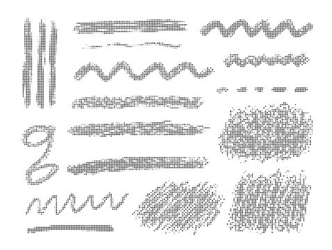Collection of various brush strokes, lines, and textures with halftone effect